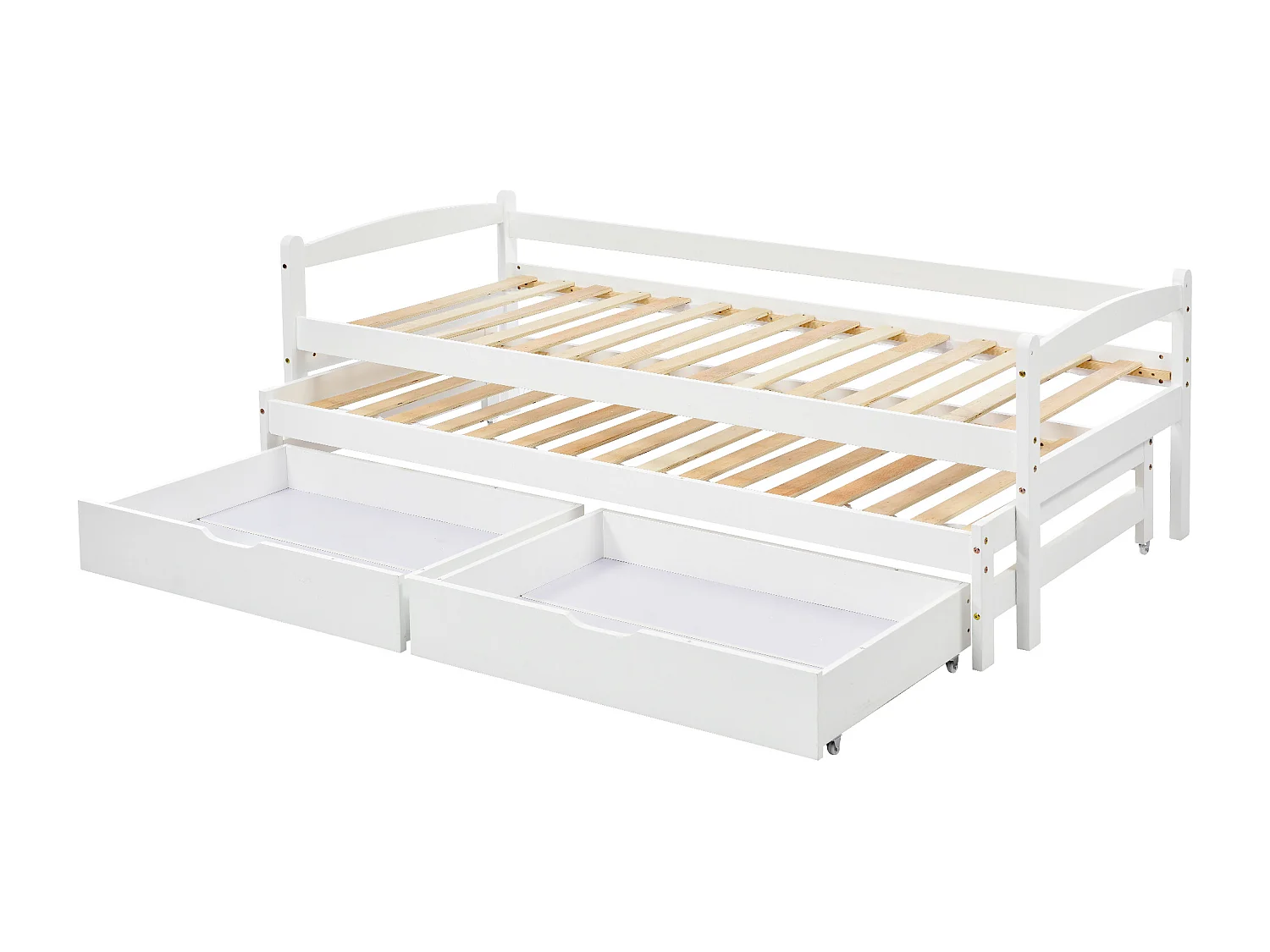 Slaapbank 90x200 cm met uitschuifbed 90x190 cm en 2 opberglades, zonder matras, van MDF, wit