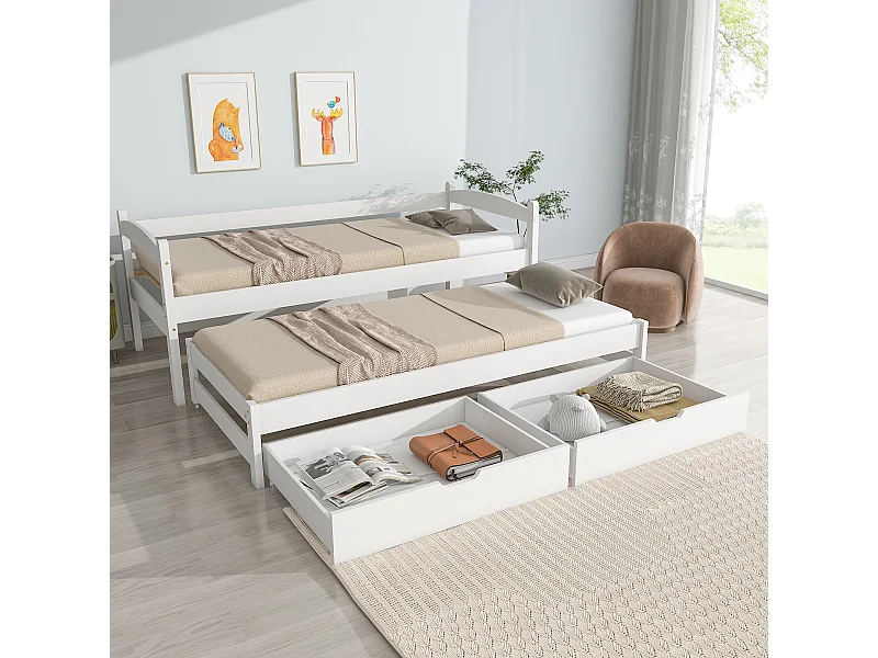 Lit enfant 90x200 avec lit gigogne 90x190 cm avec 2 tiroirs de rangement, sans matelas, MDF, blanc