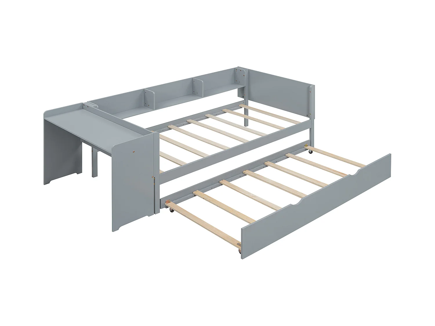 Cama infantil 90x200 cm con cama nido 90x180 cm, escritorio y 3 compartimentos de almacenamiento laterales, sin colchón, gris