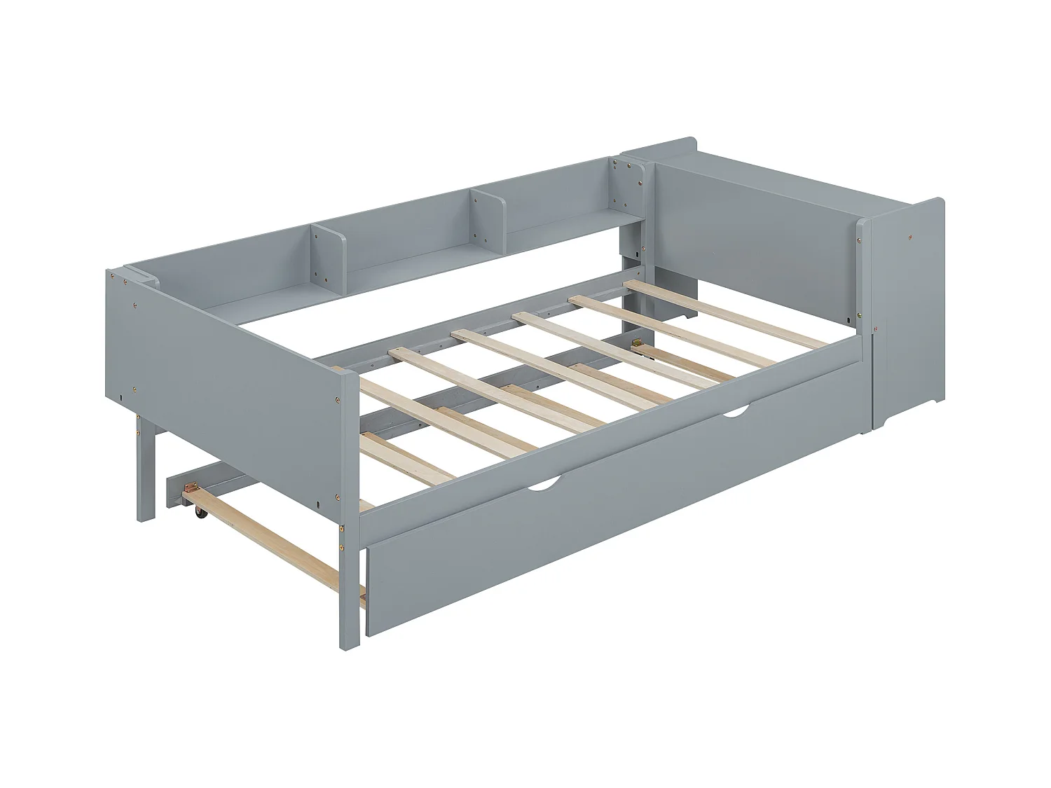 Cama infantil 90x200 cm con cama nido 90x180 cm, escritorio y 3 compartimentos de almacenamiento laterales, sin colchón, gris