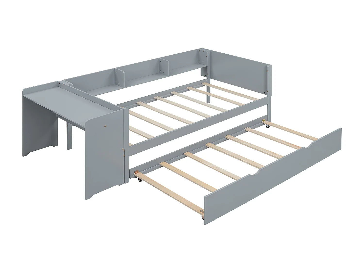 Lit enfant simple 90x200cm avec lit gigogne 90x180cm, avec bureau, 3 compartiments de rangement à côté du lit, sans matelas, gris