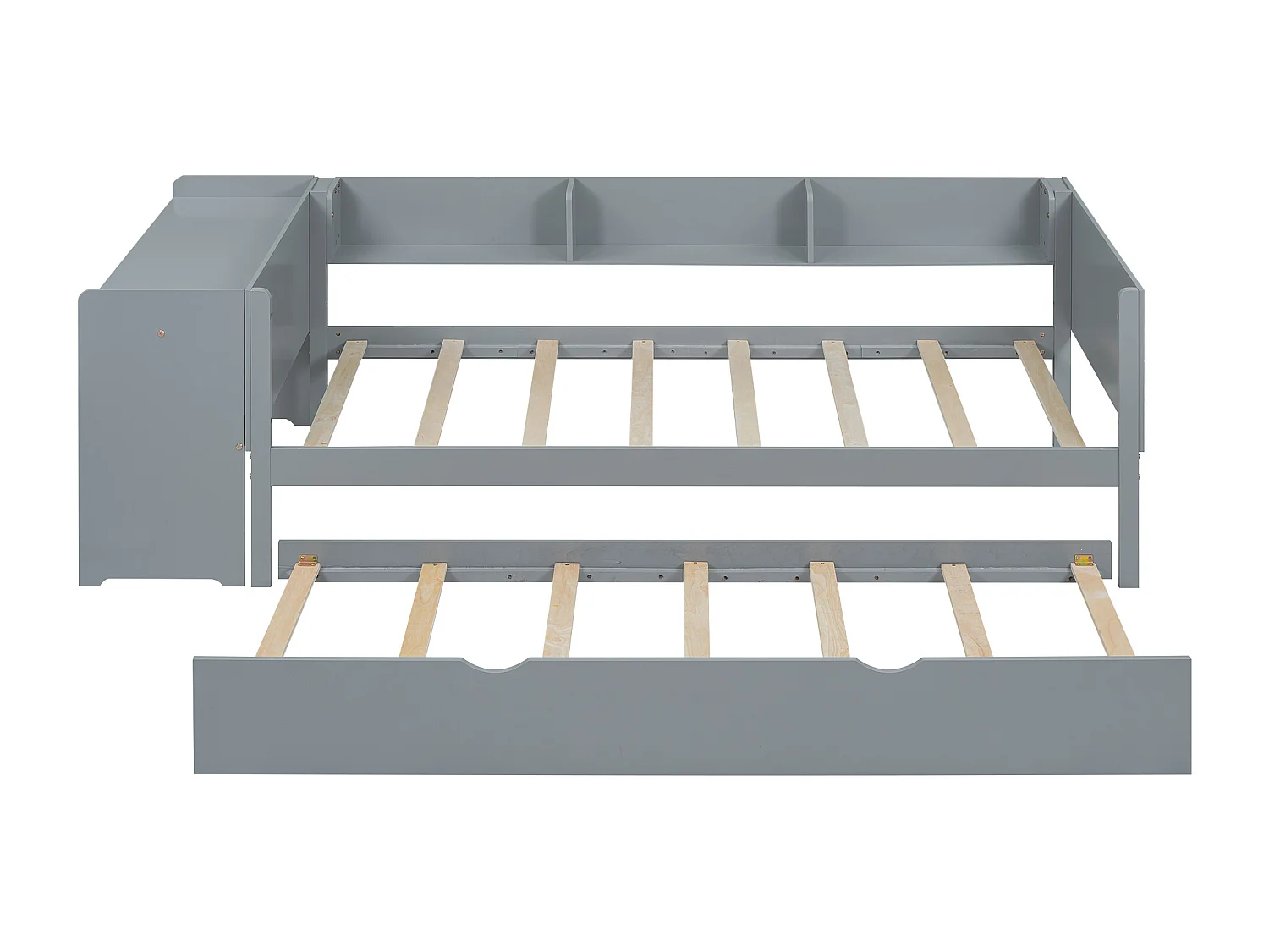 Lit enfant simple 90x200cm avec lit gigogne 90x180cm, avec bureau, 3 compartiments de rangement à côté du lit, sans matelas, gris