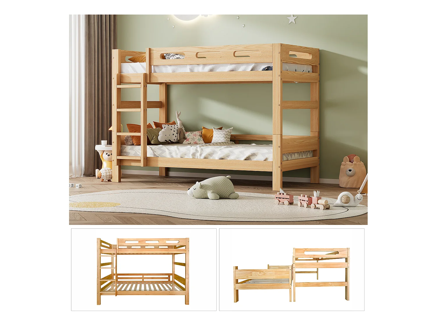 Lit superposé enfant 90x200cm transformable en 2 lits simples, cadre en pin stable, coloris naturel, sans matelas