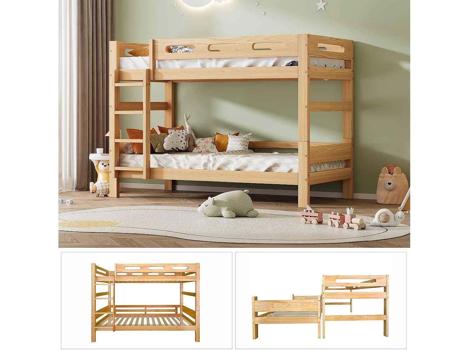 Beliche infantil 90x200 cm transformável em 2 camas individuais, estrutura em pinho estável, cor natural, sem colchão