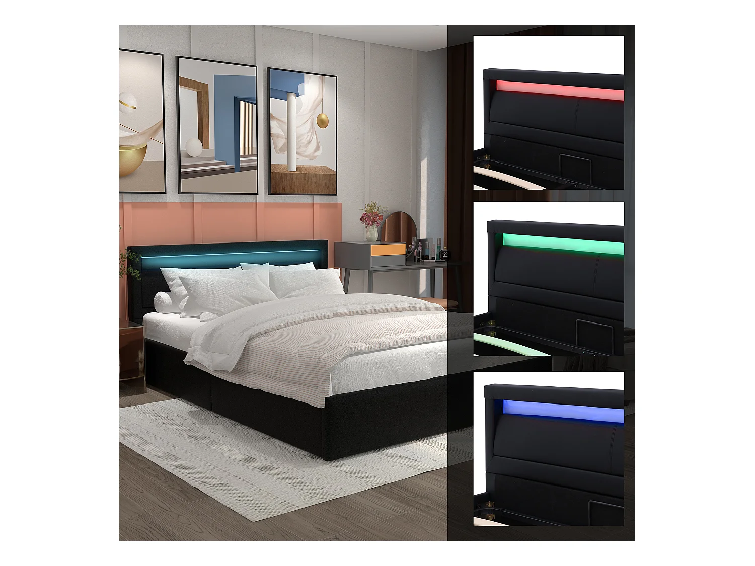 Cama con arcón 140x200 cm negra con LED, piel sintética y MDF, somier de láminas, sin colchón