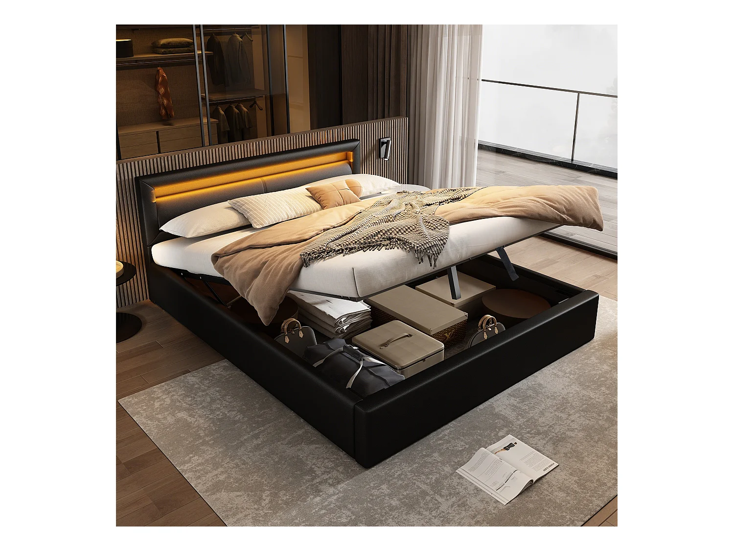 Lit coffre adulte 140x200 cm noir avec LED, simili cuir+MDF, Sommier à lattes, sans matelas