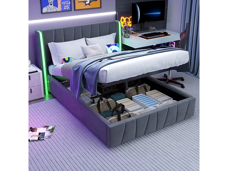 Lit coffre adulte 160x200cm avec LED + port USB sur le côté, velours, sans matelas, gris