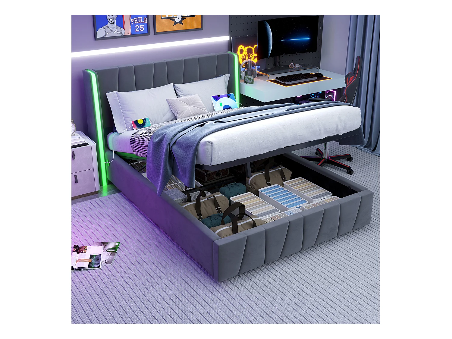 Lit coffre adulte 160x200cm avec LED + port USB sur le côté, velours, sans matelas, gris