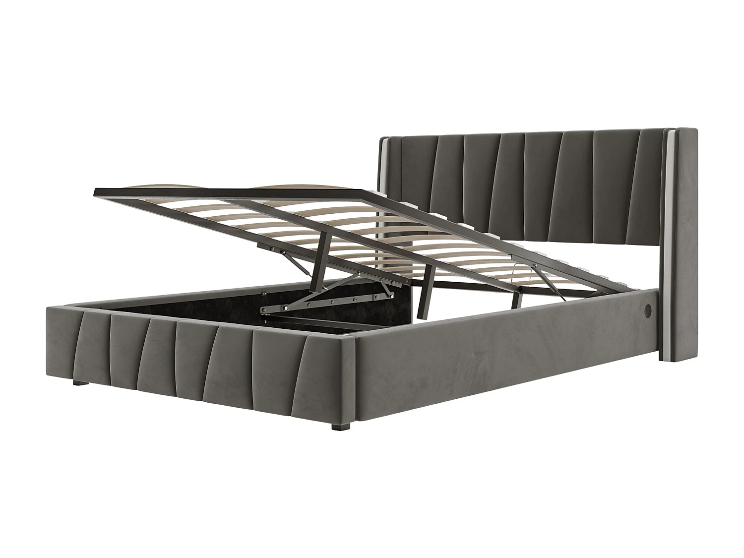 Lit coffre adulte 160x200cm avec LED + port USB sur le côté, velours, sans matelas, gris