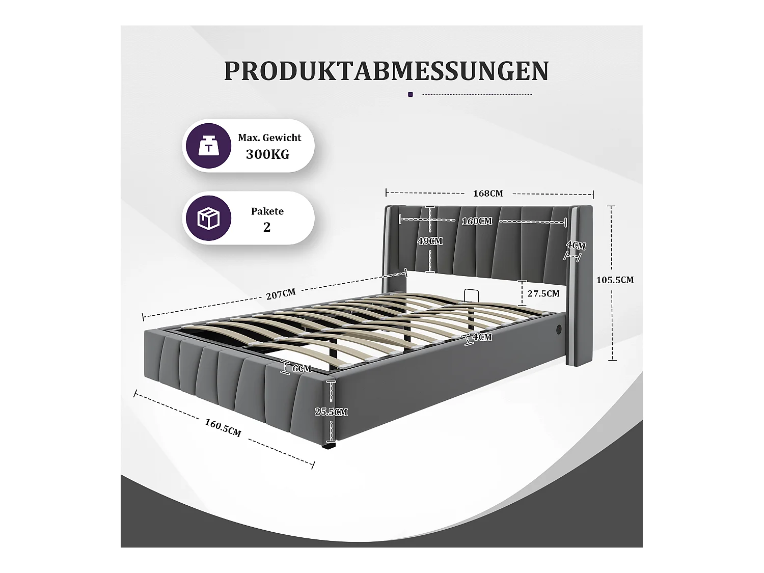 Lit coffre adulte 160x200cm avec LED + port USB sur le côté, velours, sans matelas, gris