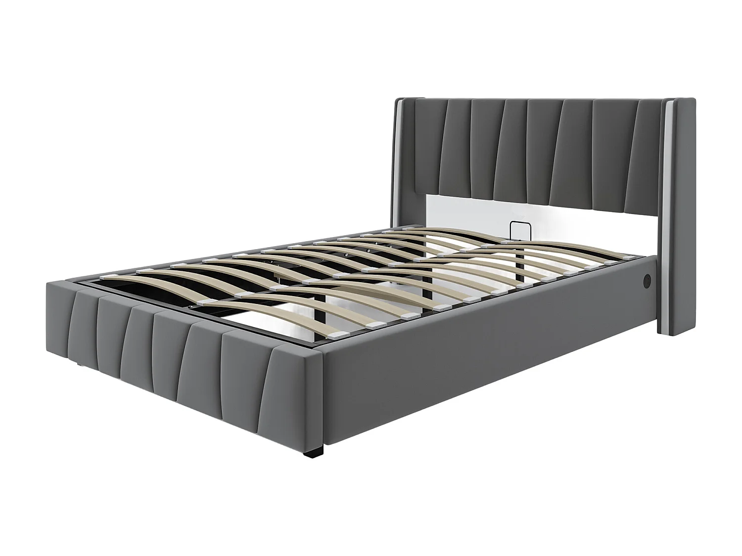 Lit coffre adulte 160x200cm avec LED + port USB sur le côté, velours, sans matelas, gris