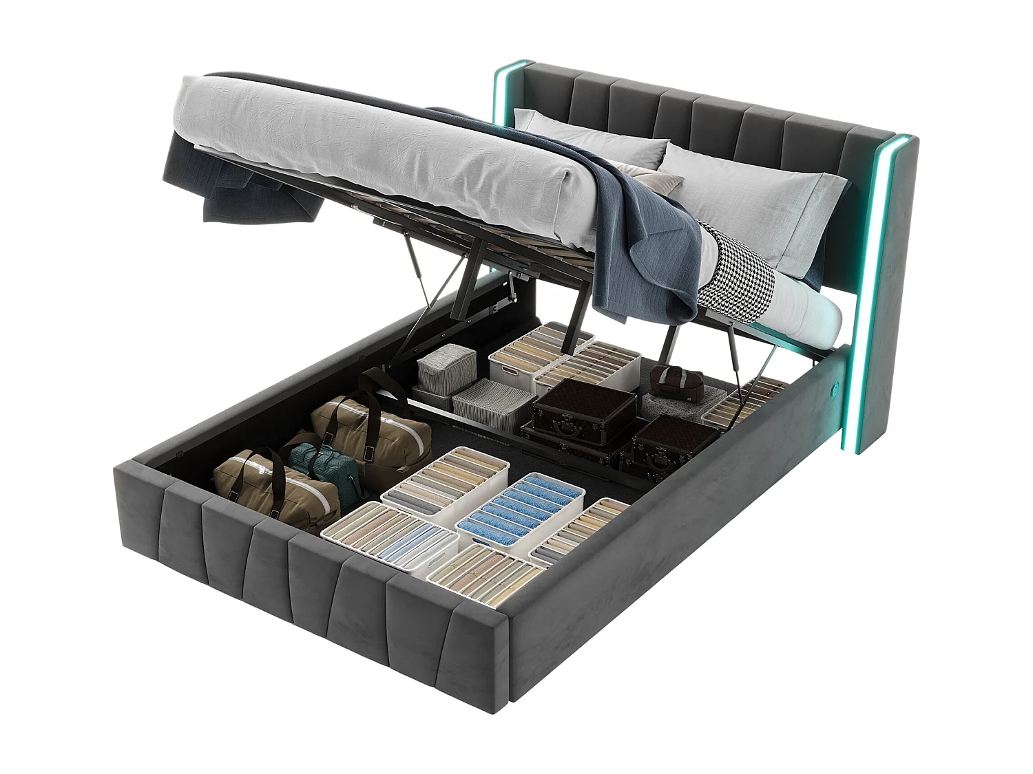 Lit coffre adulte 160x200cm avec LED + port USB sur le côté, velours, sans matelas, gris