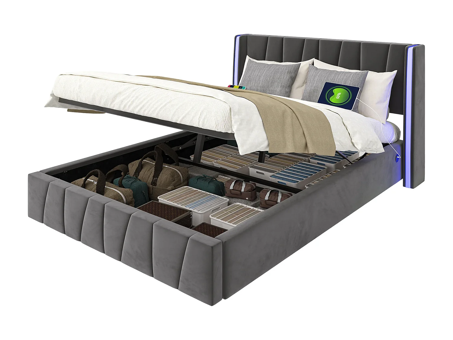Lit coffre adulte 160x200cm avec LED + port USB sur le côté, velours, sans matelas, gris