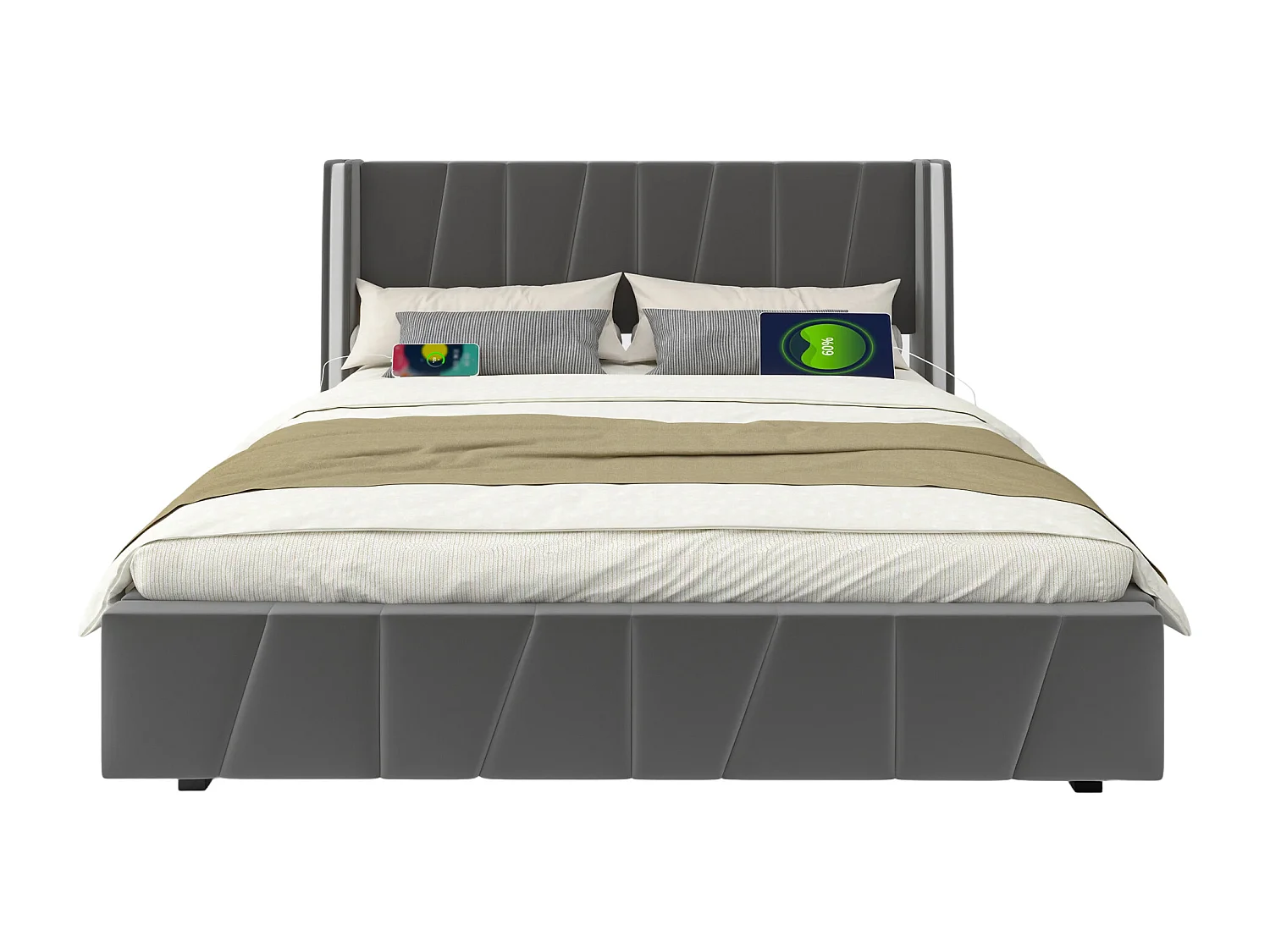 Lit coffre adulte 160x200cm avec LED + port USB sur le côté, velours, sans matelas, gris