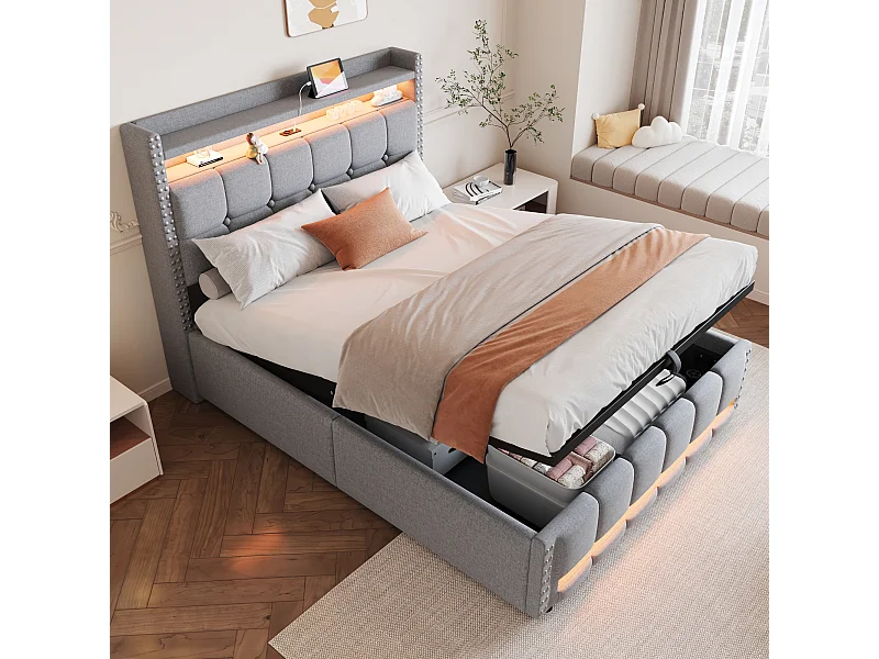 Lit 140x200 cm, lit coffre adulte avec LED + prise USB, lin, Sommier à lattes, sans matelas, gris clair