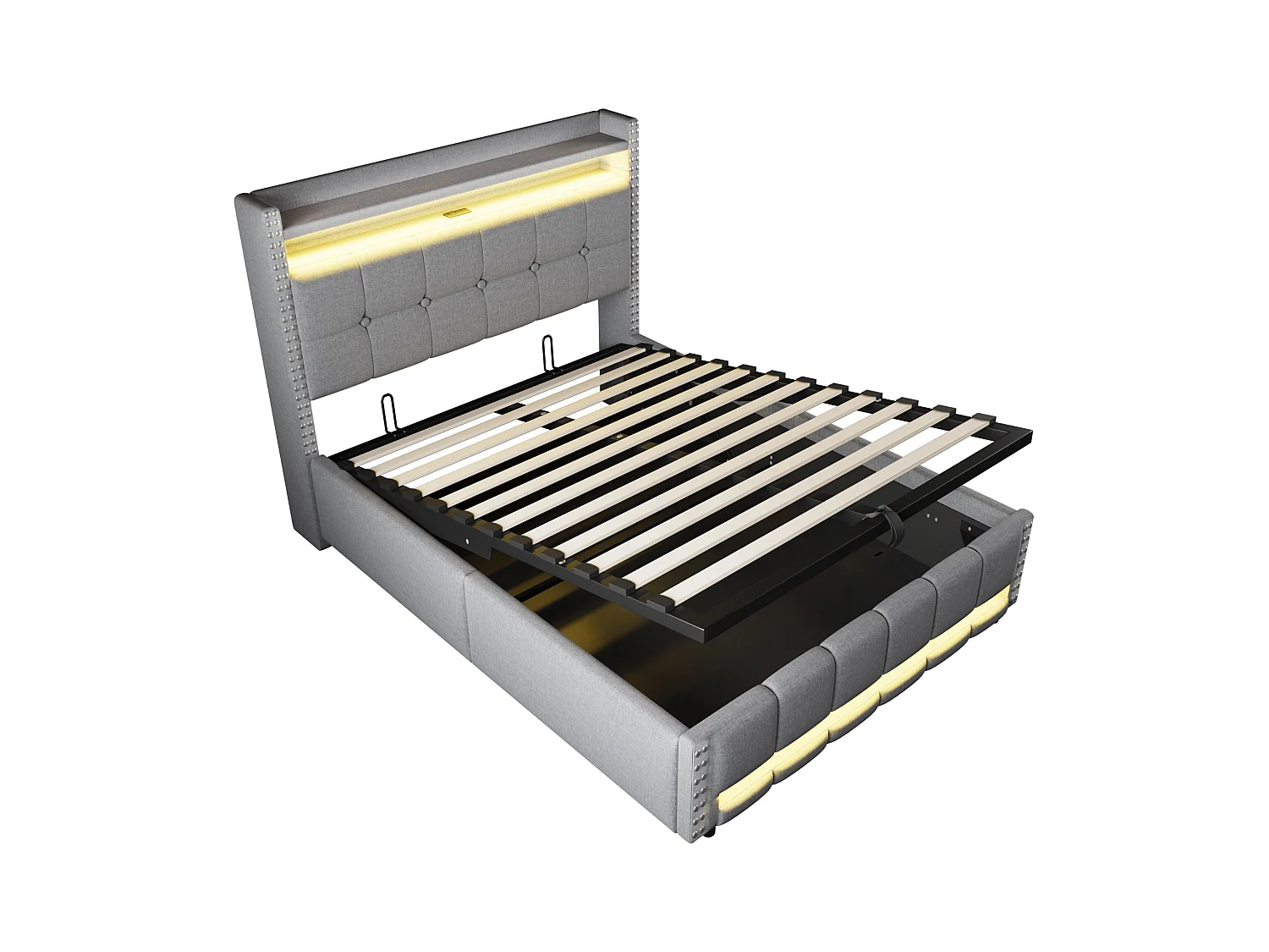 Lit 140x200 cm, lit coffre adulte avec LED + prise USB, lin, Sommier à lattes, sans matelas, gris clair