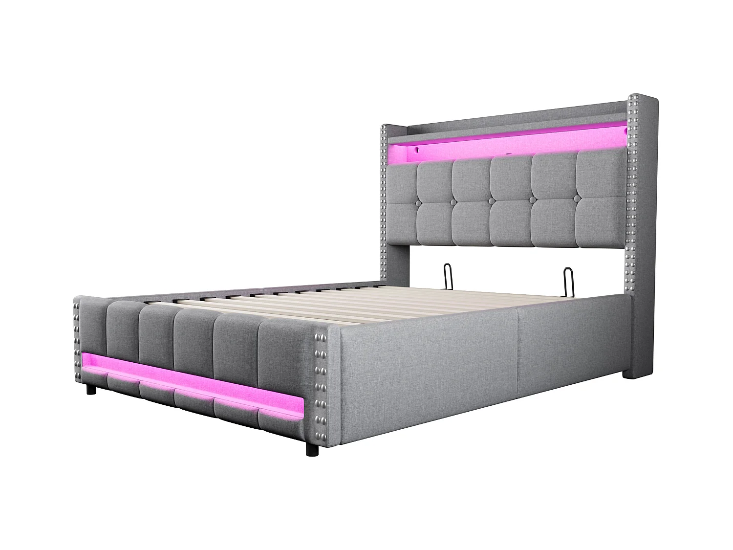 Lit 140x200 cm, lit coffre adulte avec LED + prise USB, lin, Sommier à lattes, sans matelas, gris clair