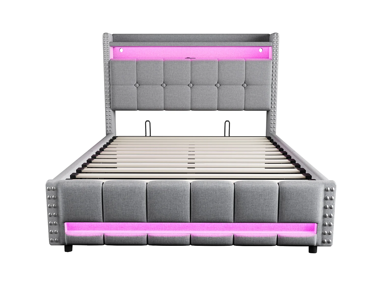 Lit 140x200 cm, lit coffre adulte avec LED + prise USB, lin, Sommier à lattes, sans matelas, gris clair