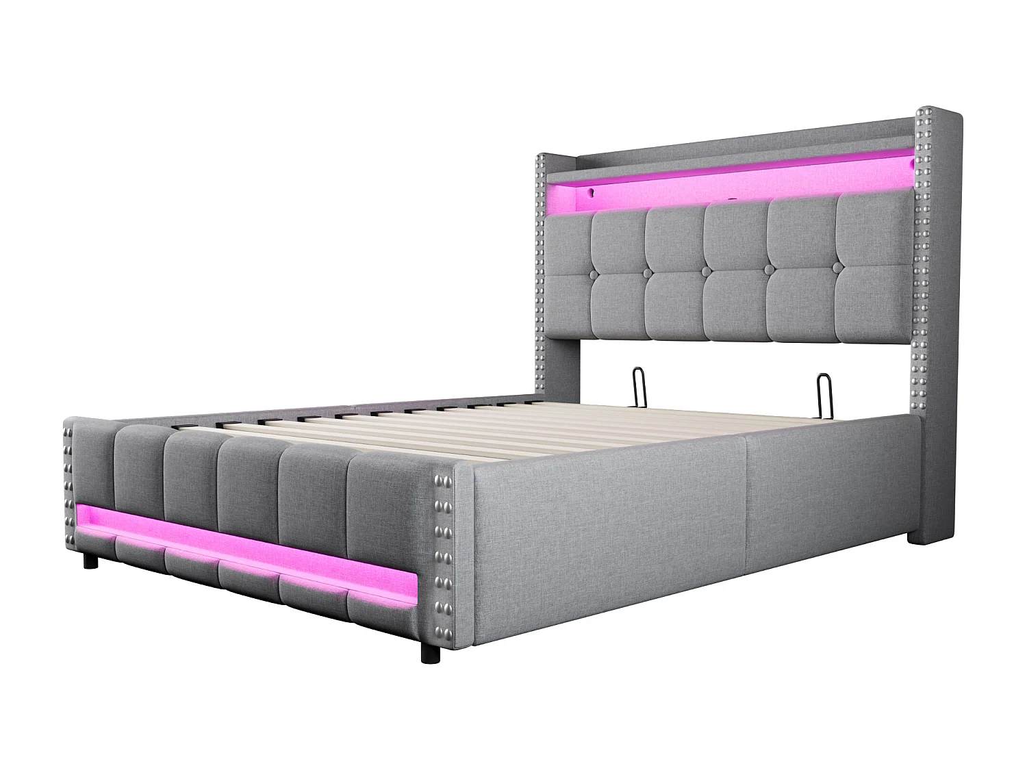 Lit 140x200 cm, lit coffre adulte avec LED + prise USB, lin, Sommier à lattes, sans matelas, gris clair