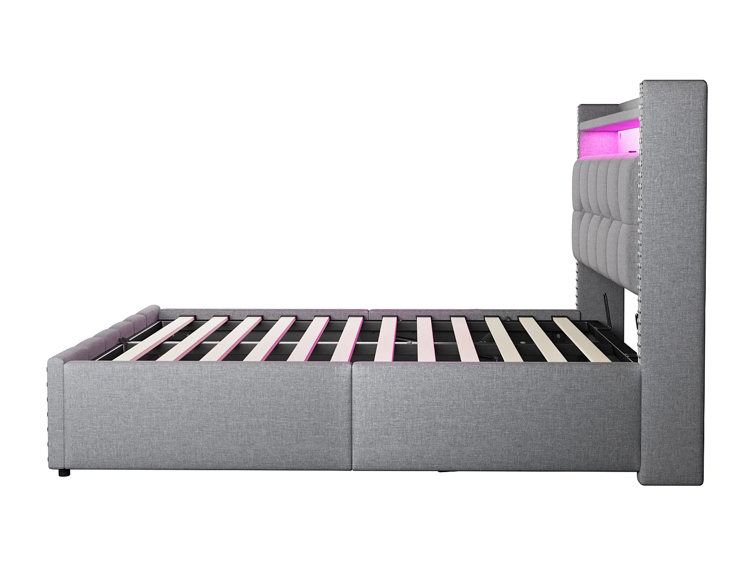 Lit 140x200 cm, lit coffre adulte avec LED + prise USB, lin, Sommier à lattes, sans matelas, gris clair