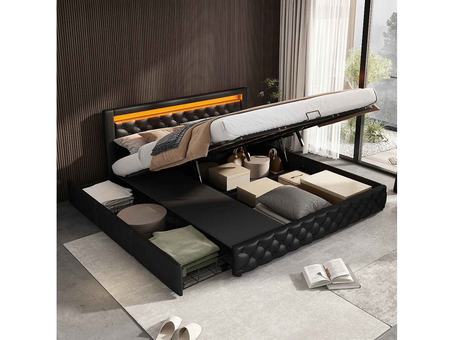 Lit coffre adulte 180x200 cm avec LED et tiroirs de rangement latéraux, PU, noir, sans matelas