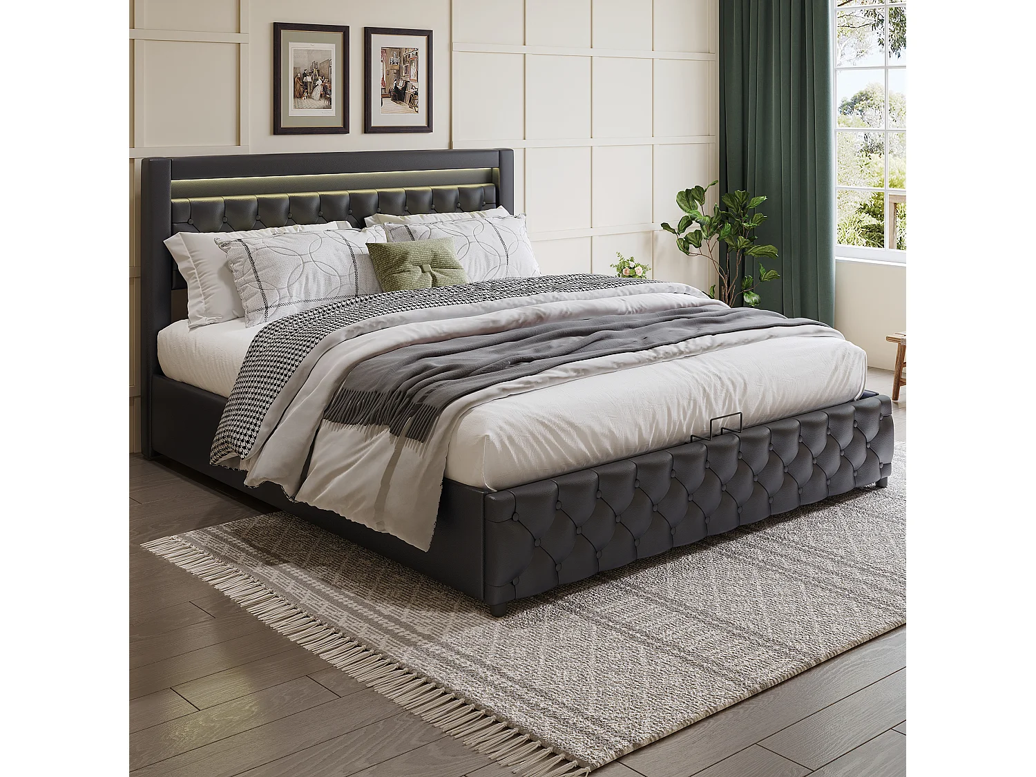 Lit coffre adulte 180x200 cm avec LED et tiroirs de rangement latéraux, PU, noir, sans matelas