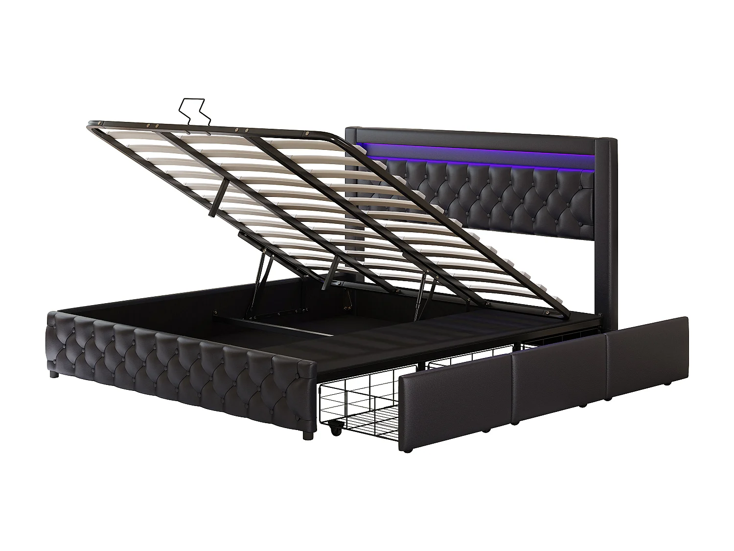 Lit coffre adulte 180x200 cm avec LED et tiroirs de rangement latéraux, PU, noir, sans matelas