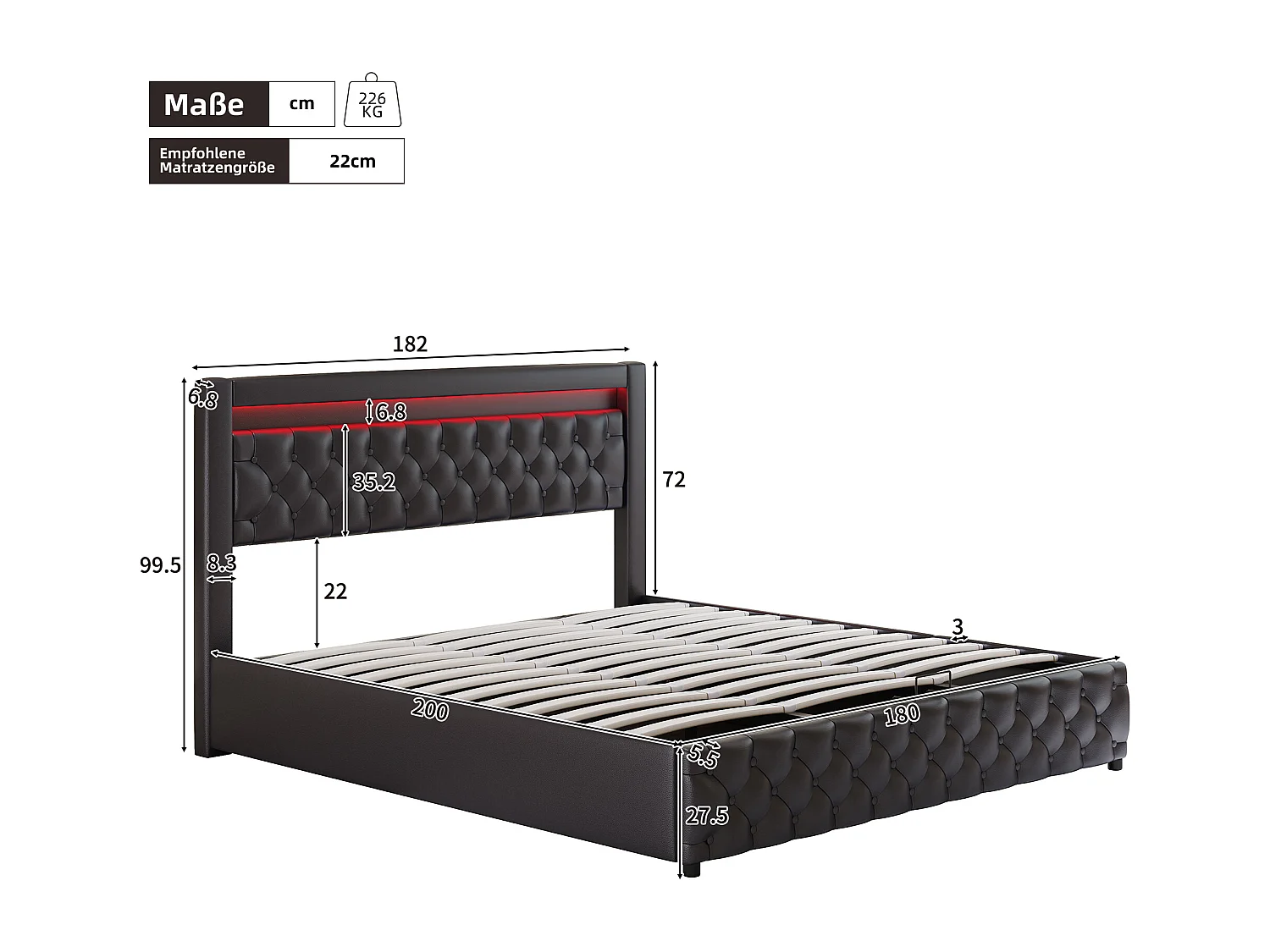 Lit coffre adulte 180x200 cm avec LED et tiroirs de rangement latéraux, PU, noir, sans matelas