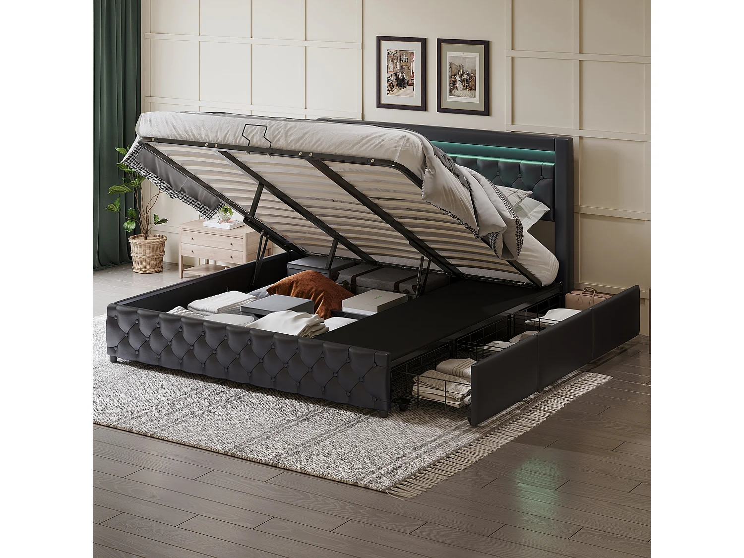Lit coffre adulte 180x200 cm avec LED et tiroirs de rangement latéraux, PU, noir, sans matelas