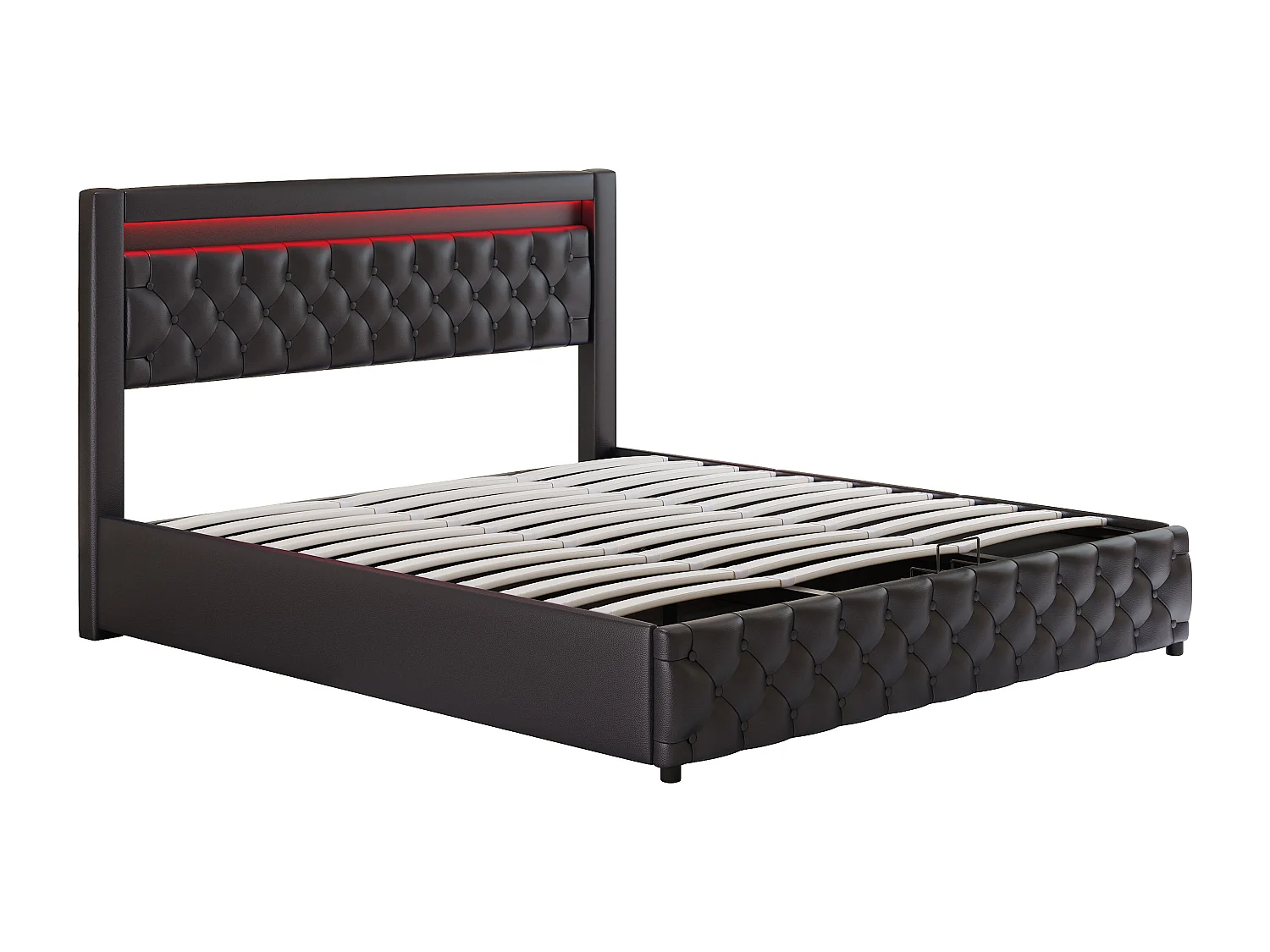 Lit coffre adulte 180x200 cm avec LED et tiroirs de rangement latéraux, PU, noir, sans matelas