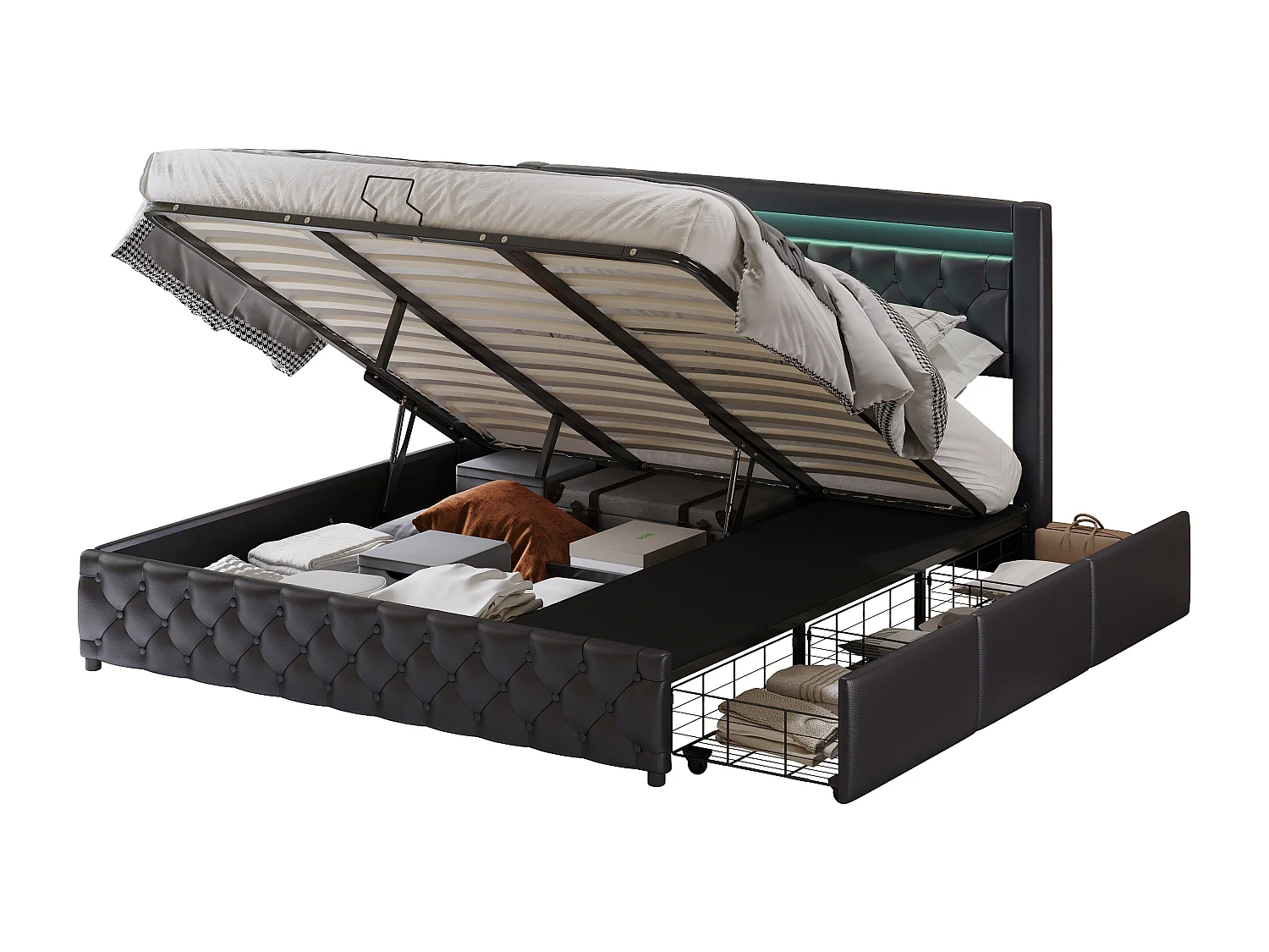 Lit coffre adulte 180x200 cm avec LED et tiroirs de rangement latéraux, PU, noir, sans matelas