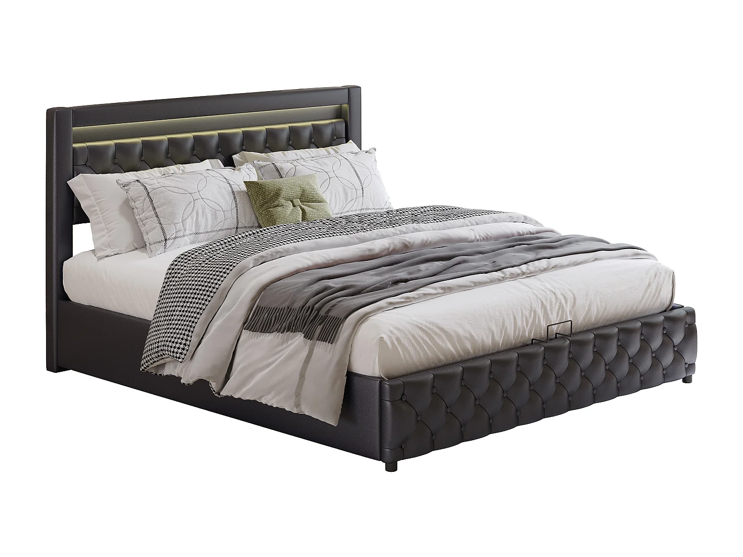 Lit coffre adulte 180x200 cm avec LED et tiroirs de rangement latéraux, PU, noir, sans matelas