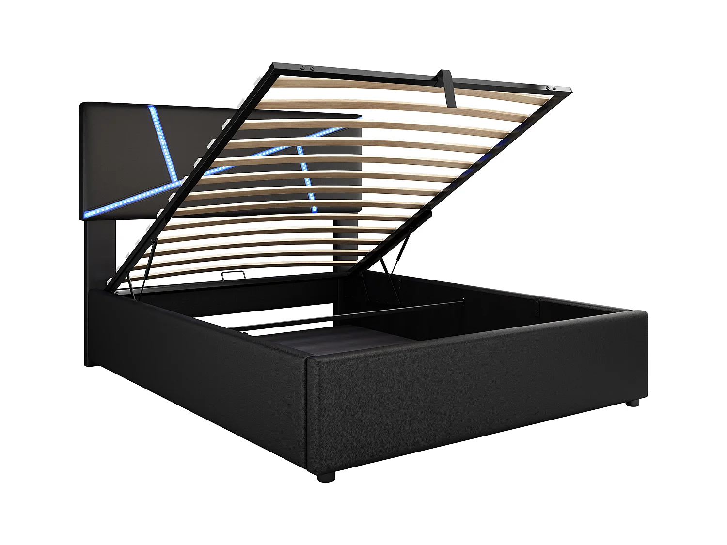 Lit coffre adulte 90x200cm in simili cuir avec LED, Sommier à lattes, sans matelas, noir