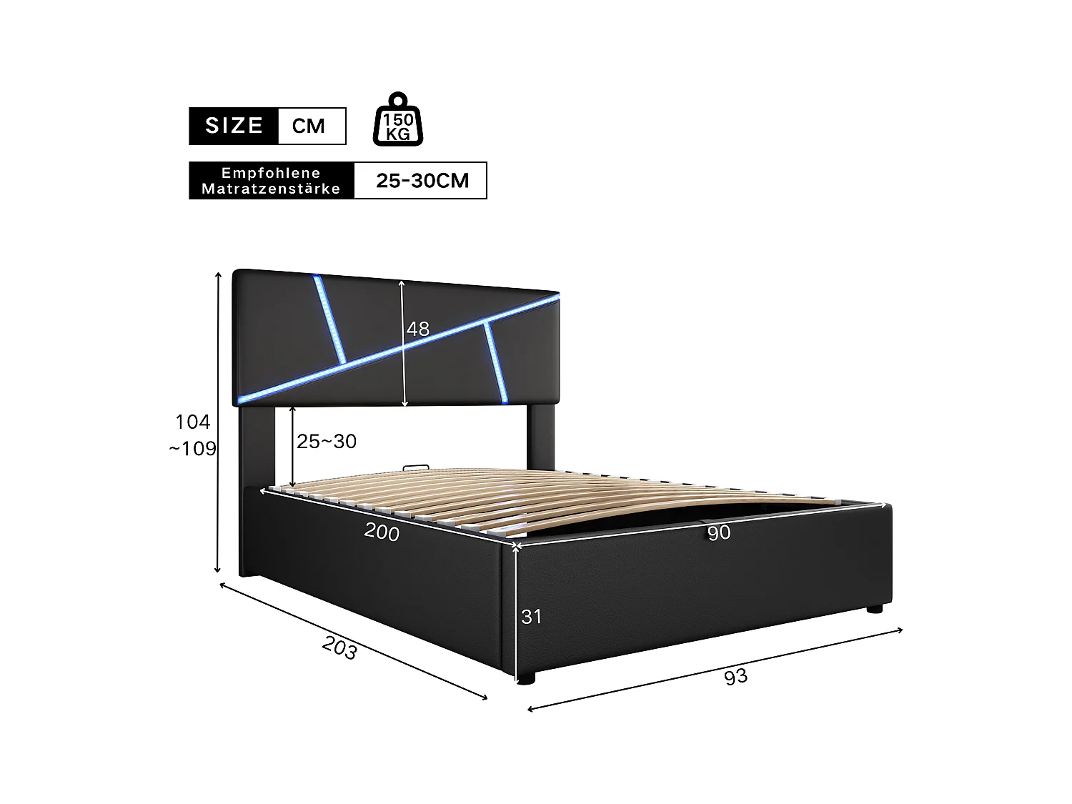 Lit coffre adulte 90x200cm in simili cuir avec LED, Sommier à lattes, sans matelas, noir