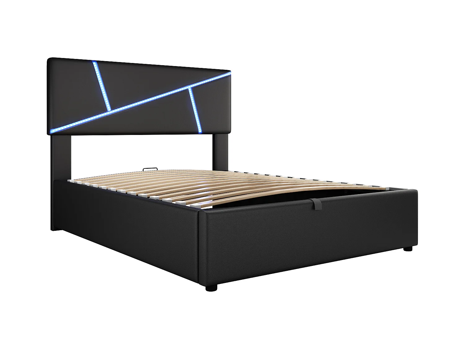 Lit coffre adulte 90x200cm in simili cuir avec LED, Sommier à lattes, sans matelas, noir