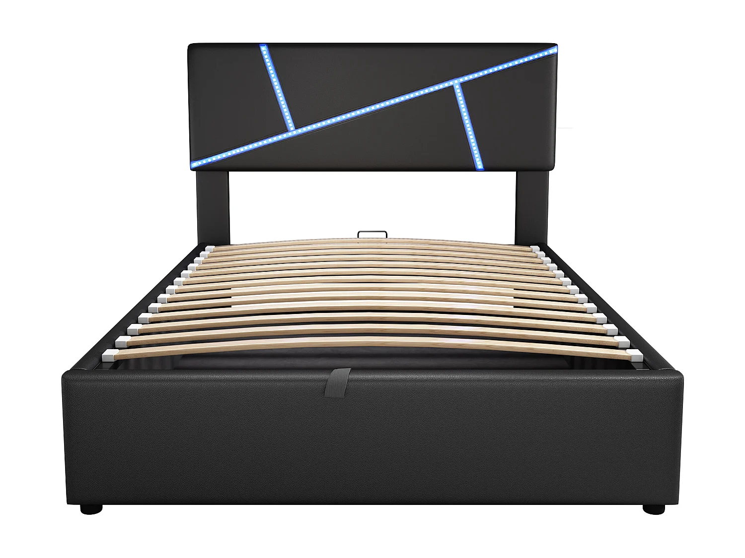Lit coffre adulte 90x200cm in simili cuir avec LED, Sommier à lattes, sans matelas, noir