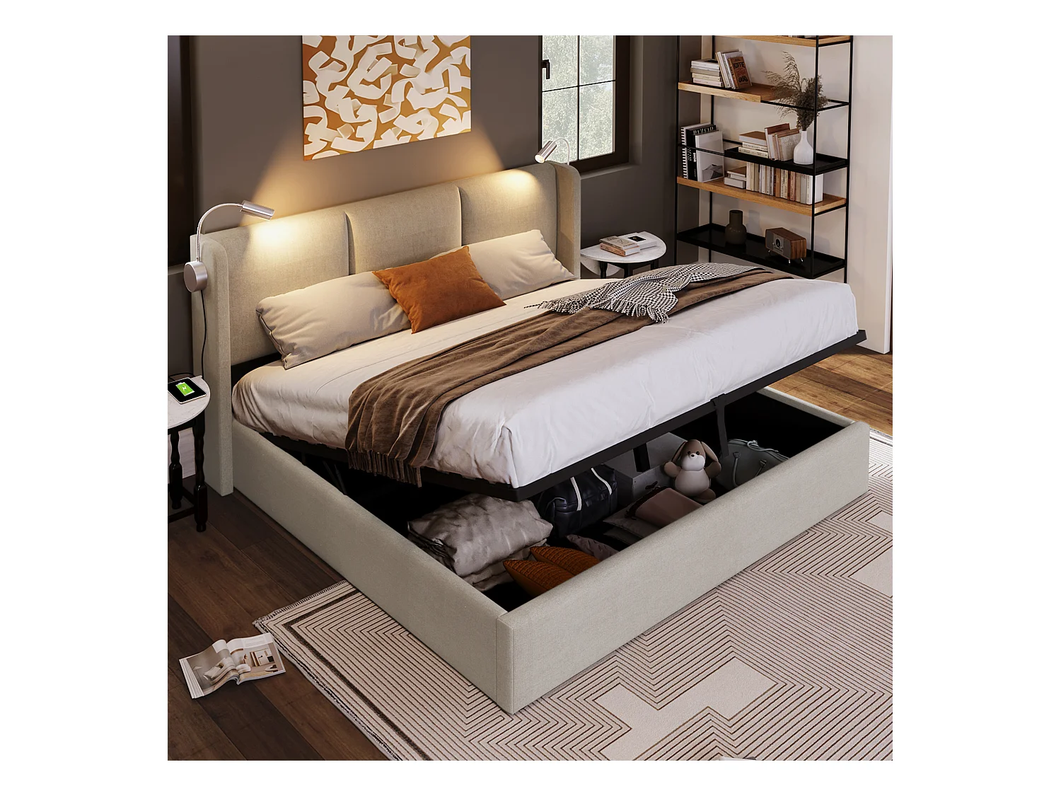 Lit coffre adulte 140x200cm beige en lin avec liseuse et USB, Sommier à lattes, sans matelas