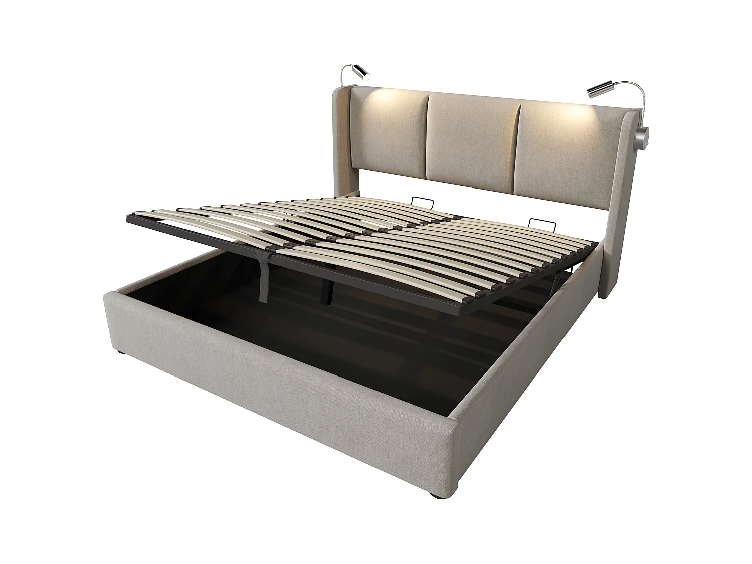 Lit coffre adulte 140x200cm beige en lin avec liseuse et USB, Sommier à lattes, sans matelas