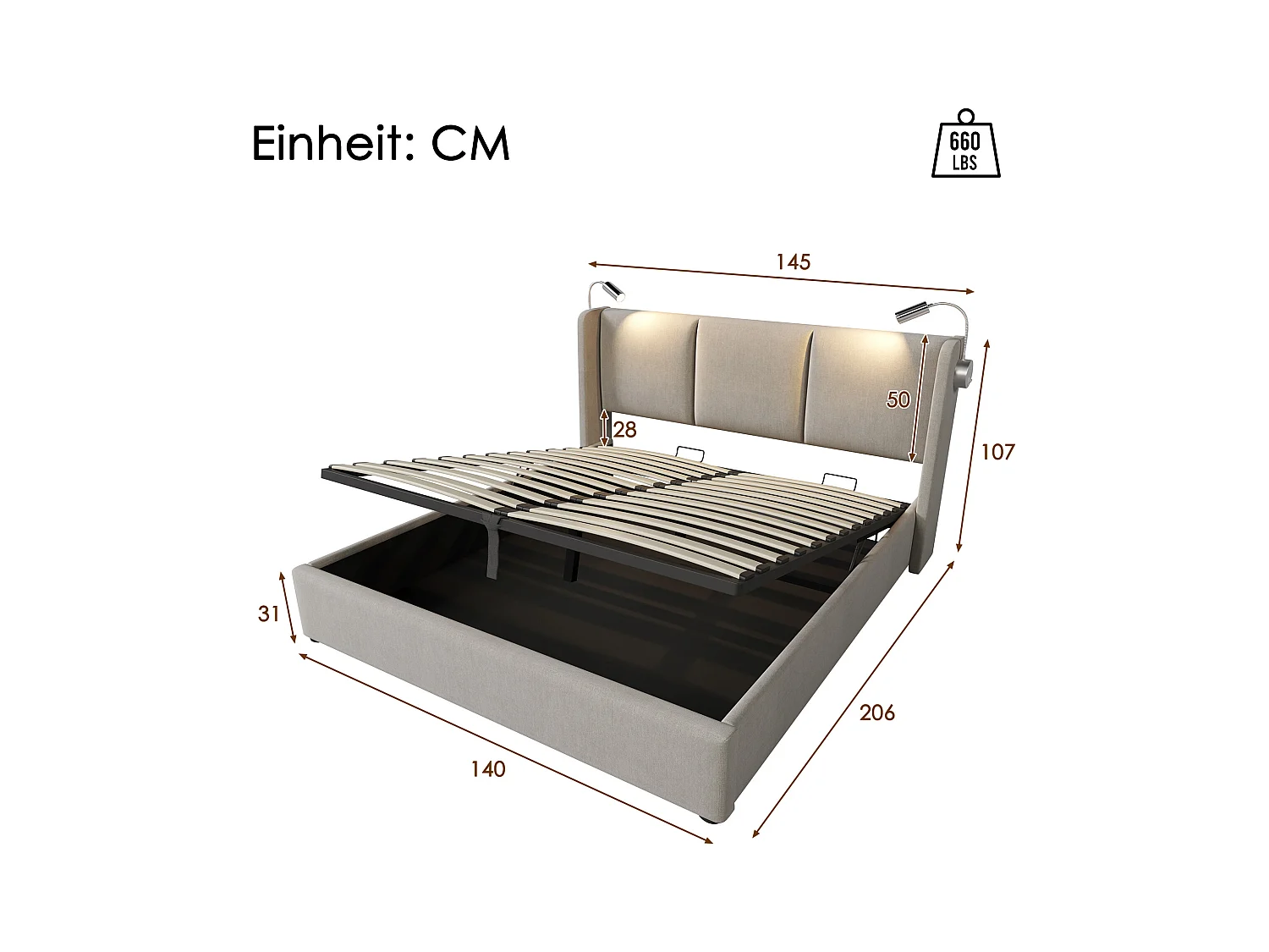 Lit coffre adulte 140x200cm beige en lin avec liseuse et USB, Sommier à lattes, sans matelas