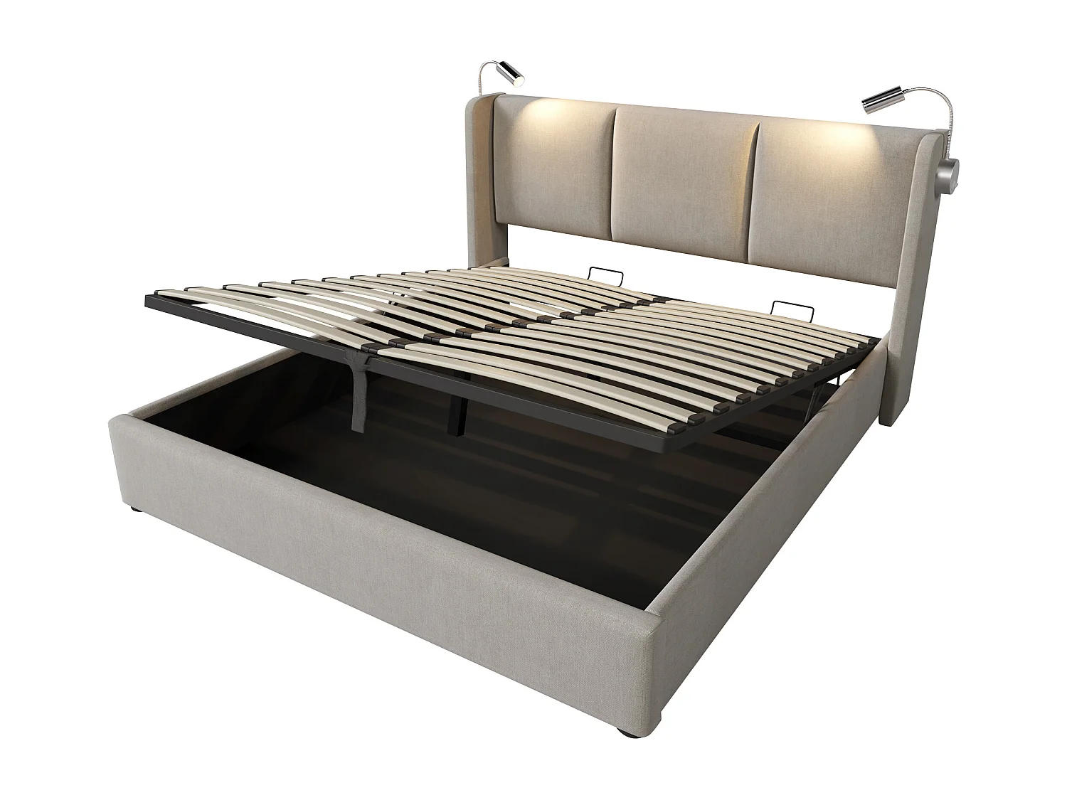 Lit coffre adulte 140x200cm beige en lin avec liseuse et USB, Sommier à lattes, sans matelas