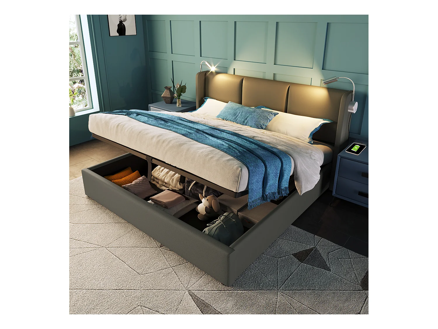 Lit coffre adulte 160x200cm gris avec liseuse et USB, PU, Sommier à lattes, sans matelas