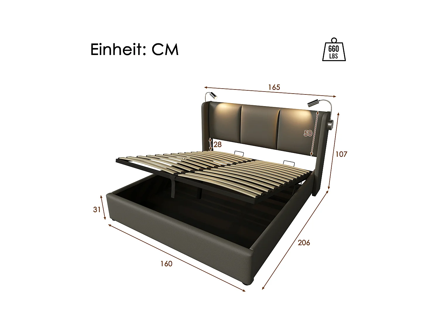Lit coffre adulte 160x200cm gris avec liseuse et USB, PU, Sommier à lattes, sans matelas