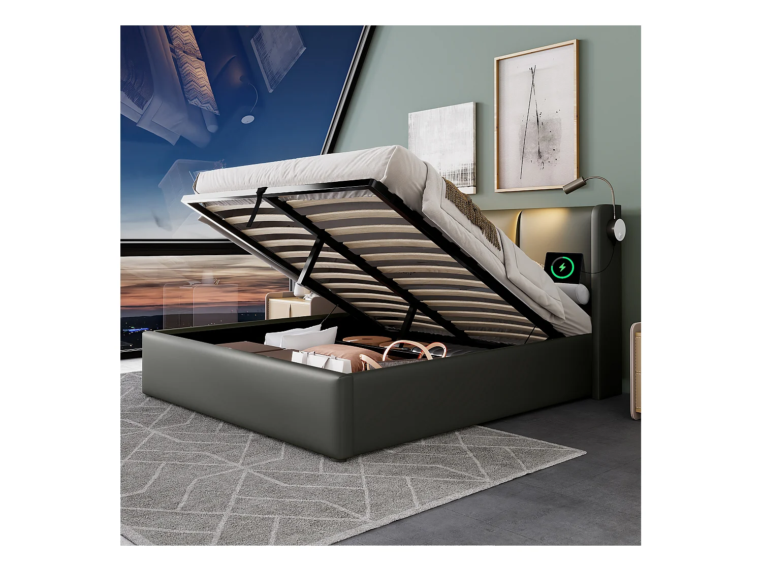 Lit coffre adulte 160x200cm gris avec liseuse et USB, PU, Sommier à lattes, sans matelas