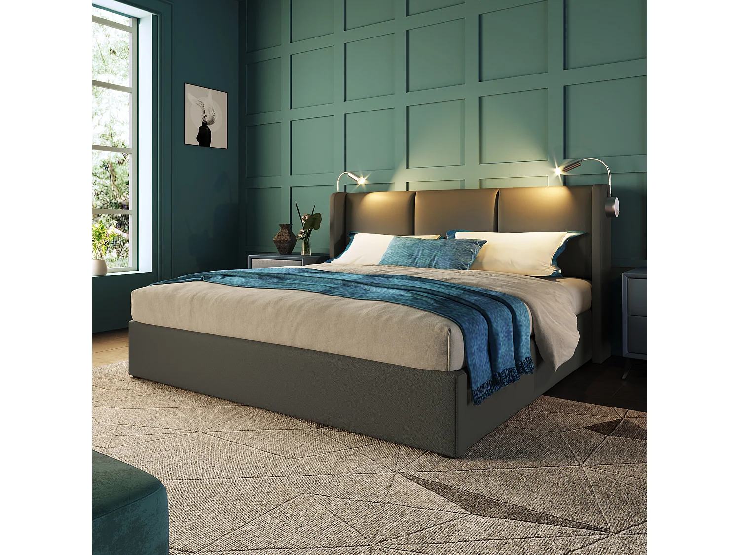 Lit coffre adulte 160x200cm gris avec liseuse et USB, PU, Sommier à lattes, sans matelas