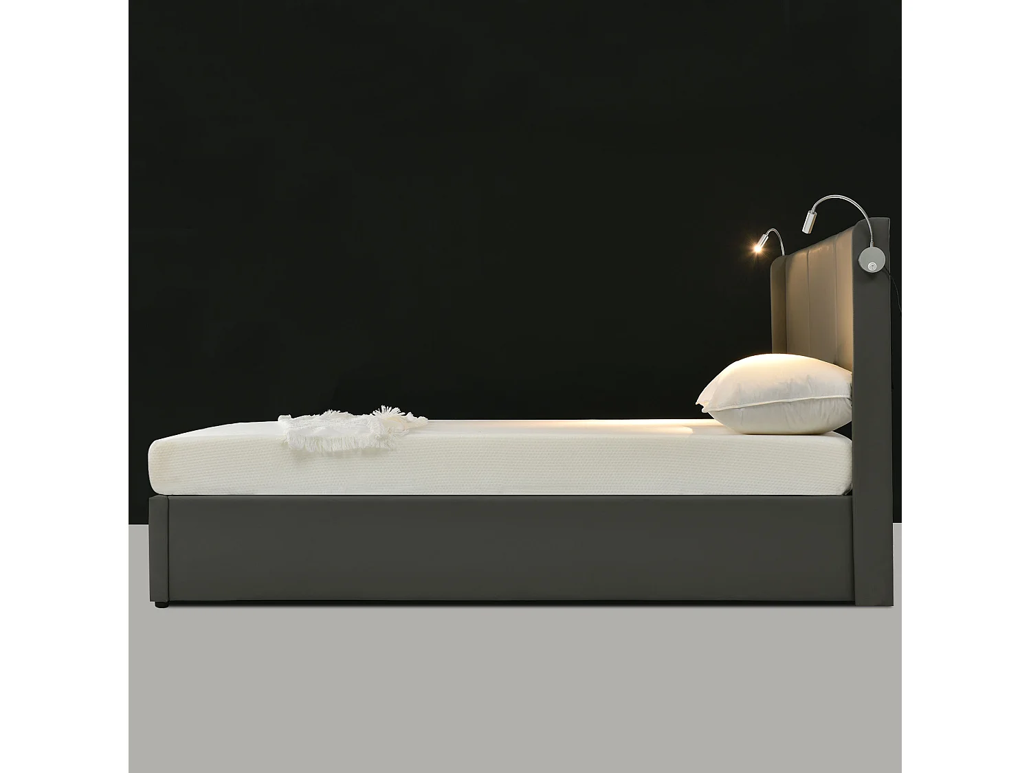 Lit coffre adulte 160x200cm gris avec liseuse et USB, PU, Sommier à lattes, sans matelas