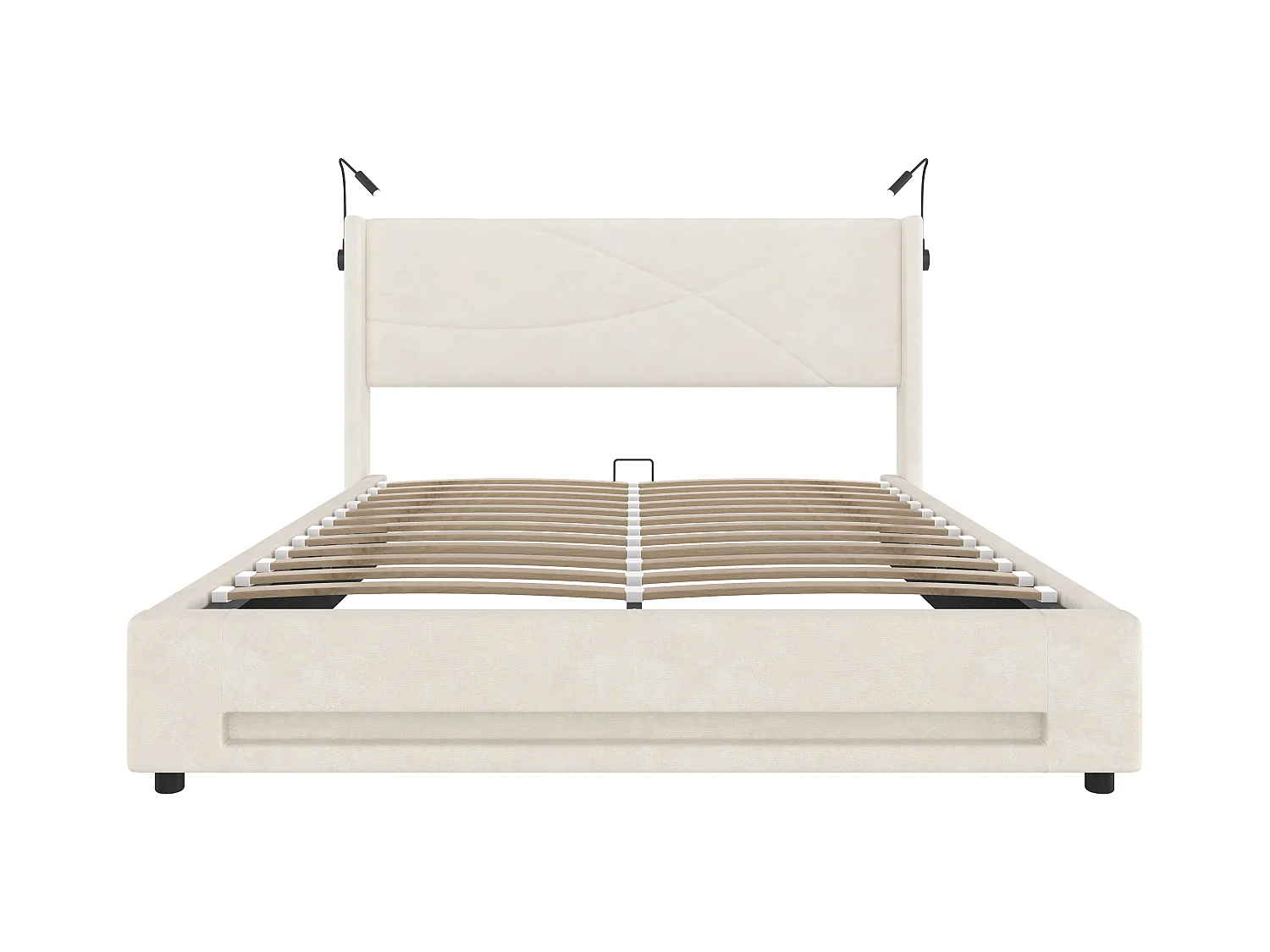 Lit coffre adulte 140x200cm beige en velours avec 2 lampe de lecture + LED + USB, Sommier à lattes, sans matelas
