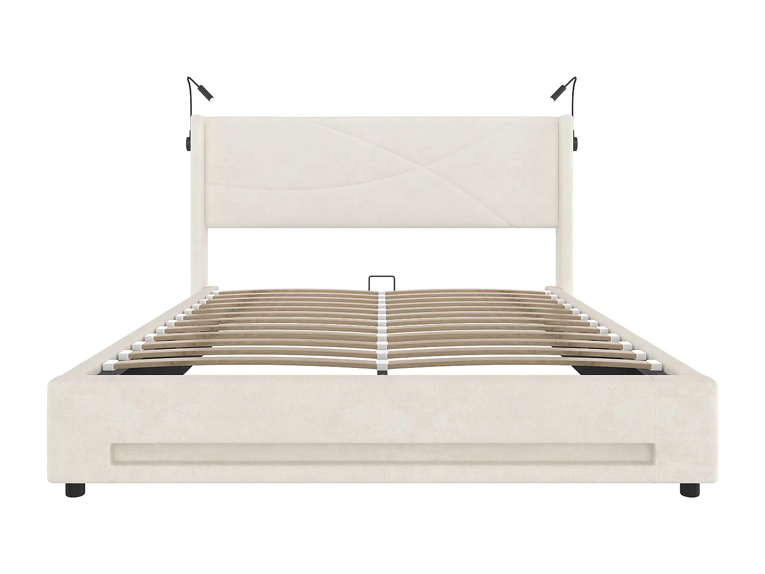 Cama com arrumação 140x200 cm bege em veludo com 2 lâmpadas de leitura + LED + USB, estrado de ripas, sem colchão