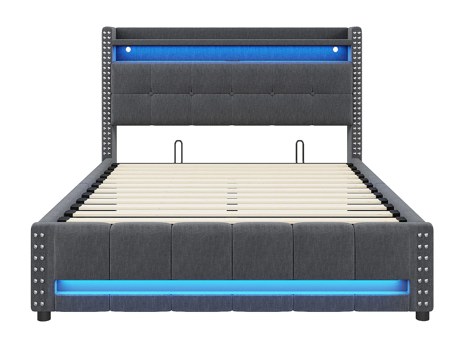 Lit 160x200 cm, lit coffre adulte avec LED + prise USB, lin, Sommier à lattes, sans matelas, gris