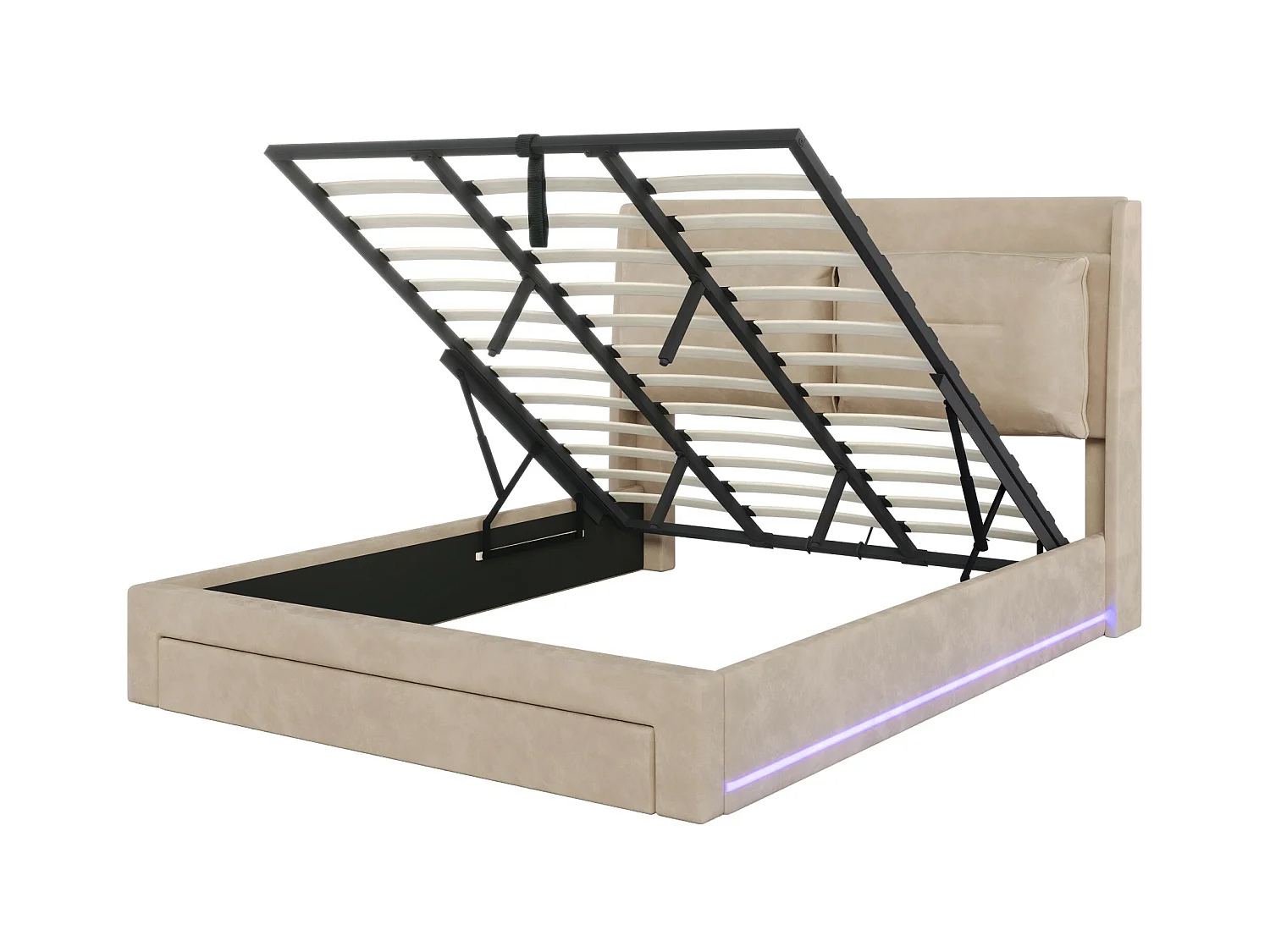 Lit coffre adulte 180x200 cm beige en velours, avec tiroir de rangement + LED, sans matelas
