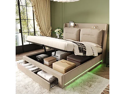 Letto contenitore 180x200 cm beige in velluto con cassetto portaoggetti e luci LED, senza materasso